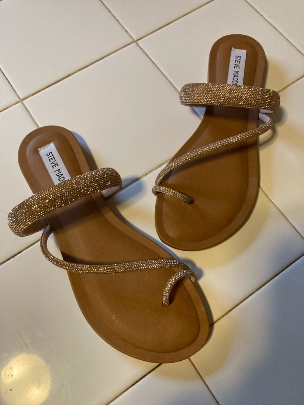 Steve Madden Tan Slide Sandals with Gold Sparkle Straps